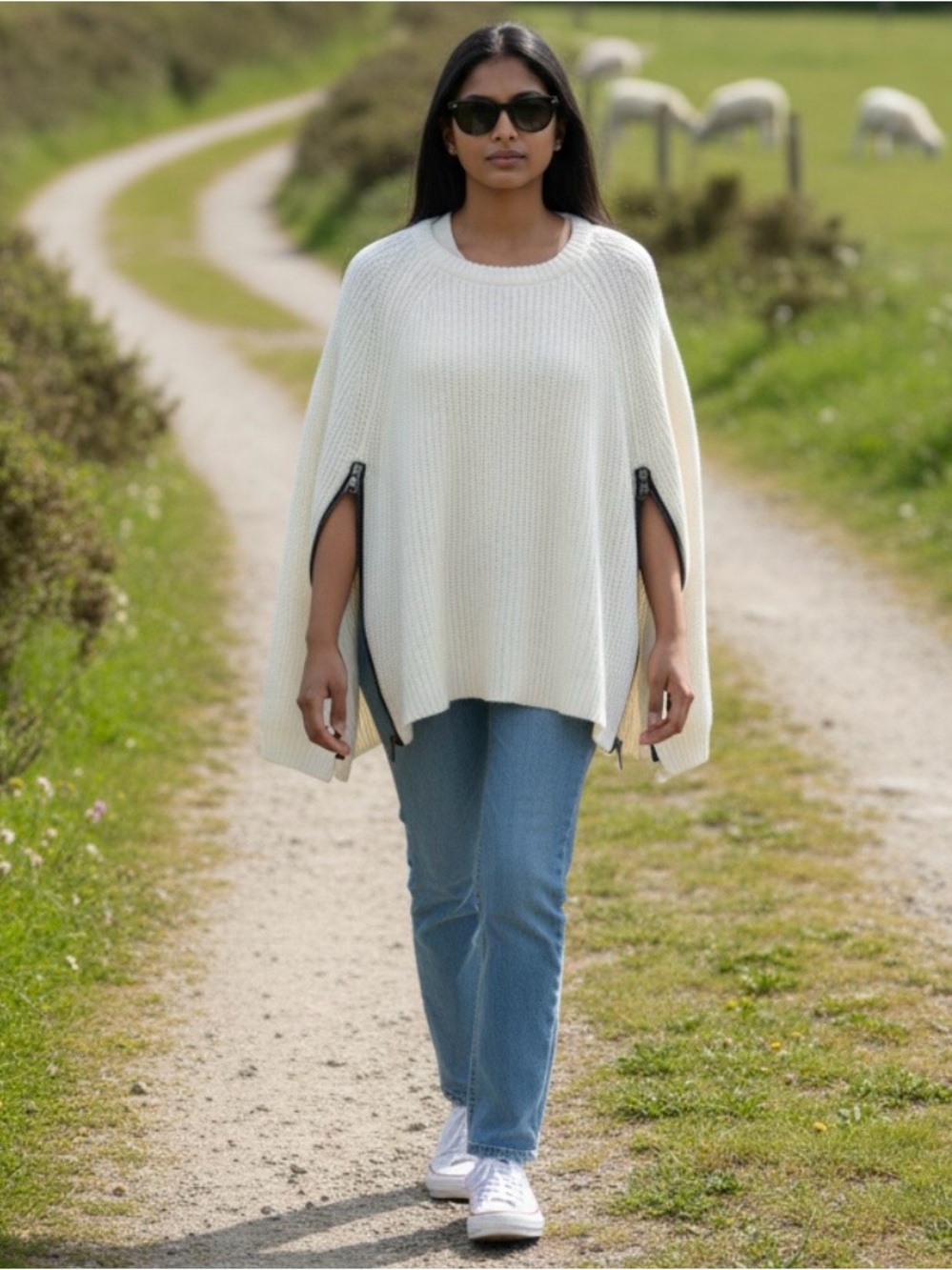 Cream Poncho with Black Zipper Accents